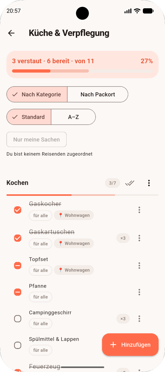 Packliste mit zweistufigem Abhaken: bereitgelegte und verstaute Gegenstände