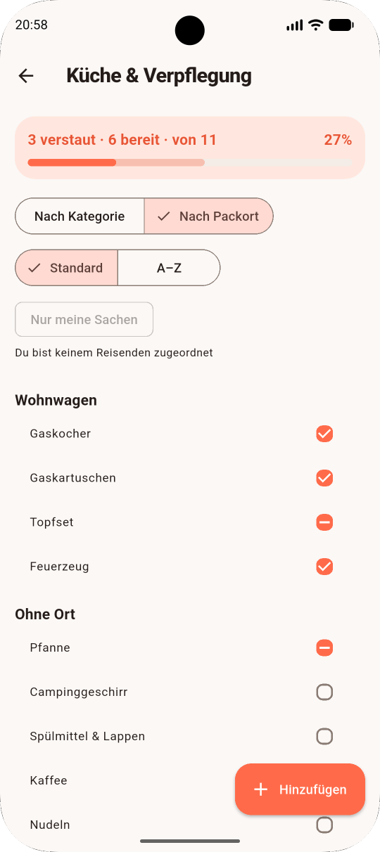 Dieselbe Packliste nach Packorten gruppiert, etwa Wohnwagen