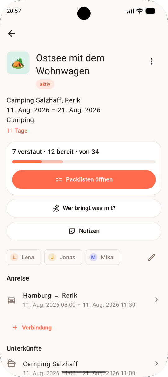 Reiseübersicht einer Campingreise mit Packfortschritt, Mitreisenden, Anreise und Unterkunft