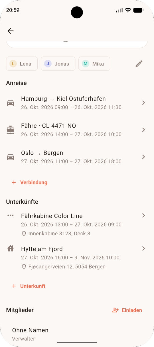 Anreise mit drei Etappen — Auto, Fähre, Auto — und zwei Unterkünften mit Adressen